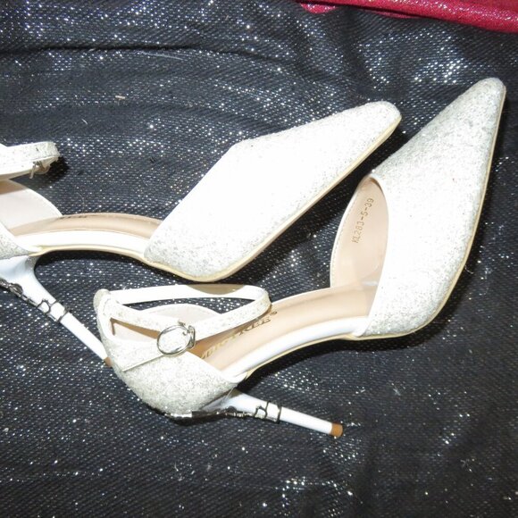 Bigtree Cream Glitter & Silver Metallic Carved Embellished Stiletto Heels 39 8.5 - Picture 7 of 12